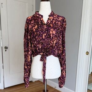 Rachel Zoe Purple Floral Tie-Front Long Sleeve Blouse